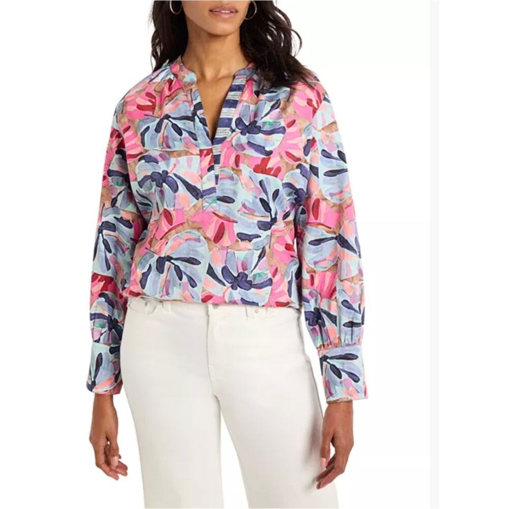 Nic + Zoe Firework Folilage Woven Top Sz 1X Colorful Cottagecore Resortwear